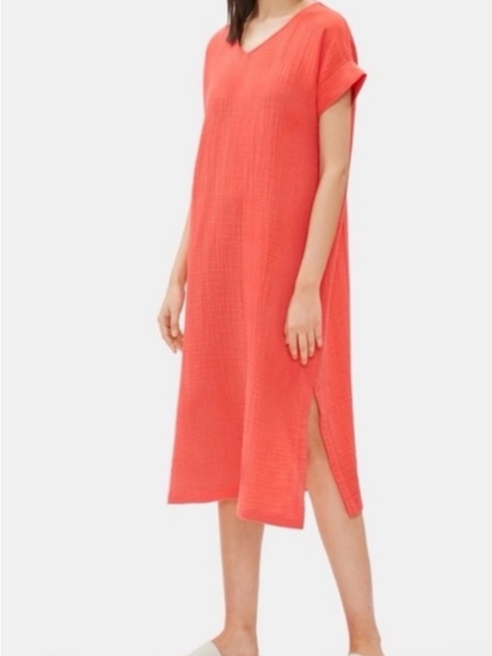 Eileen Fisher Coral V-Neck Midi Shift Dress with Side Slit